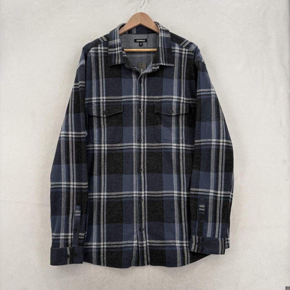 Express Shirt Mens 2XLT Blue Plaid Flannel Long Sleeve Button Up Stretch NWT